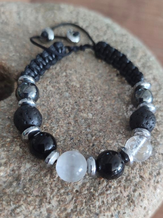 دستبند محافظت مردانه ، سلنایت، کوارتز شفاف،تورمالین سیاه،اونیکس،حدید،لاوا