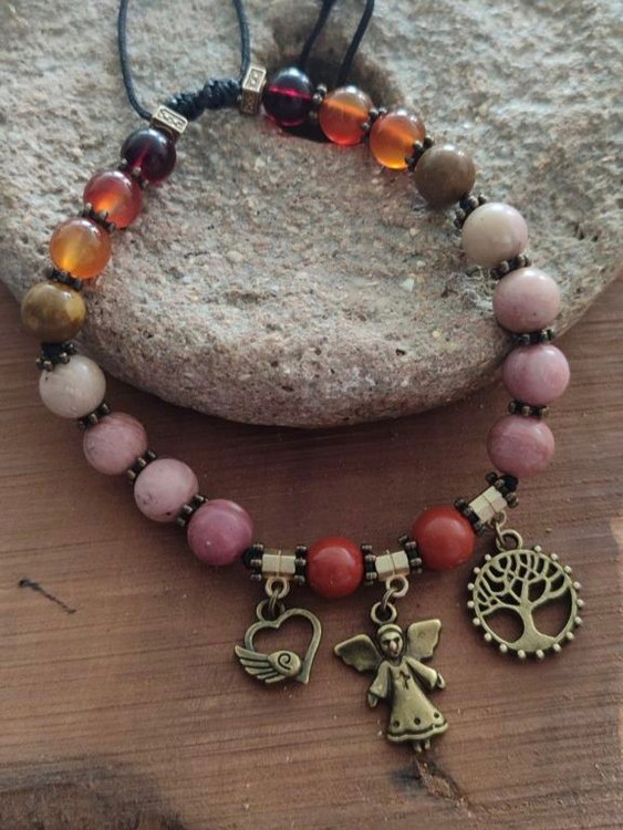 🔮 پابند زنانه رودونیت، جاسپر سرخ، عقیق خزهای، کارنلین و یاقوت سرخ