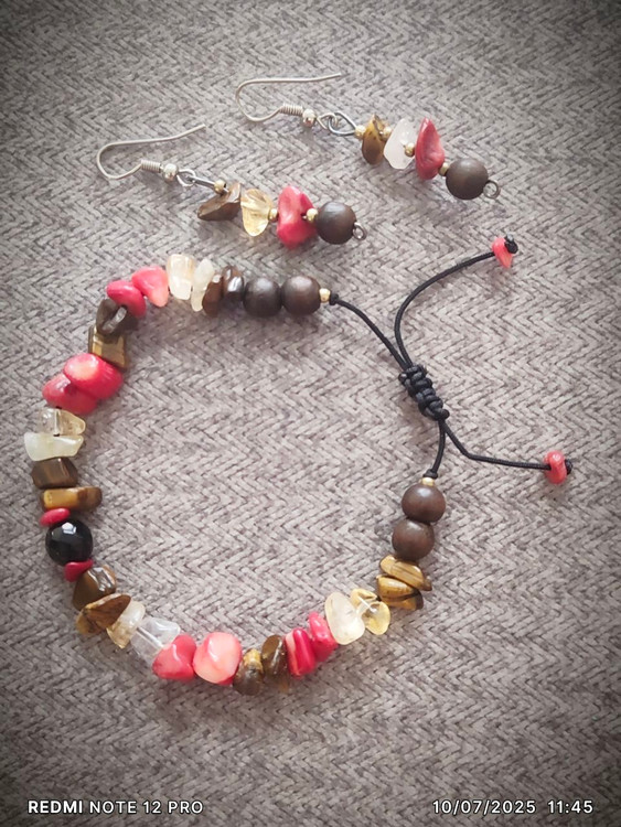 🔮 ست دستبند و گوشواره چشمببر، سیترین، مرجان، صندل و اونیکس