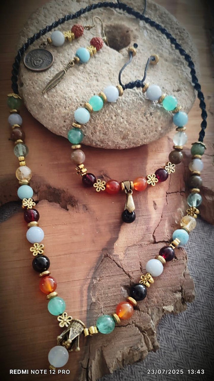 این ست شامل آکوامارین، سیترین، عقیق خزهای، چشمببر، لاریمار و فلوریت است که هرکدام با ارتعاش ویژه خود، انرژی و ویژگیهای خاصی دارند